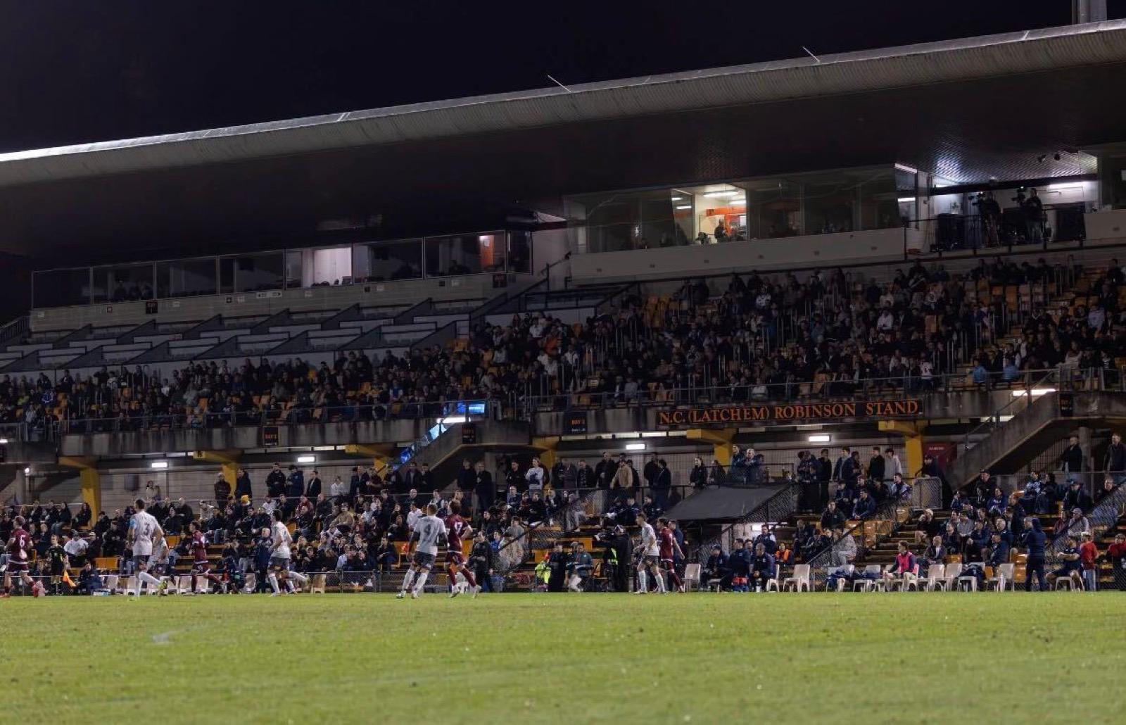 Grandstand crowd at Leichhardt Oval under lights